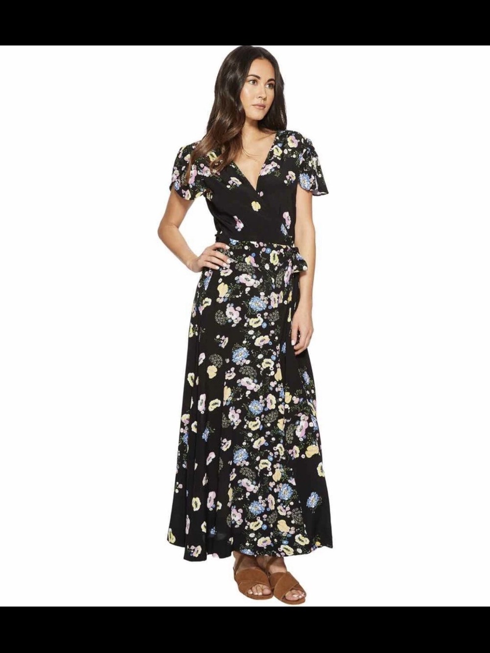 105. Free People Black Floral Wrap Maxi Dress with Pastel Blooms